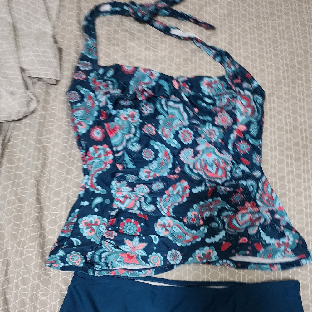 NEW Halter Tankini Swimsuit TEAL Color High Waisted Bottoms And Runched Top